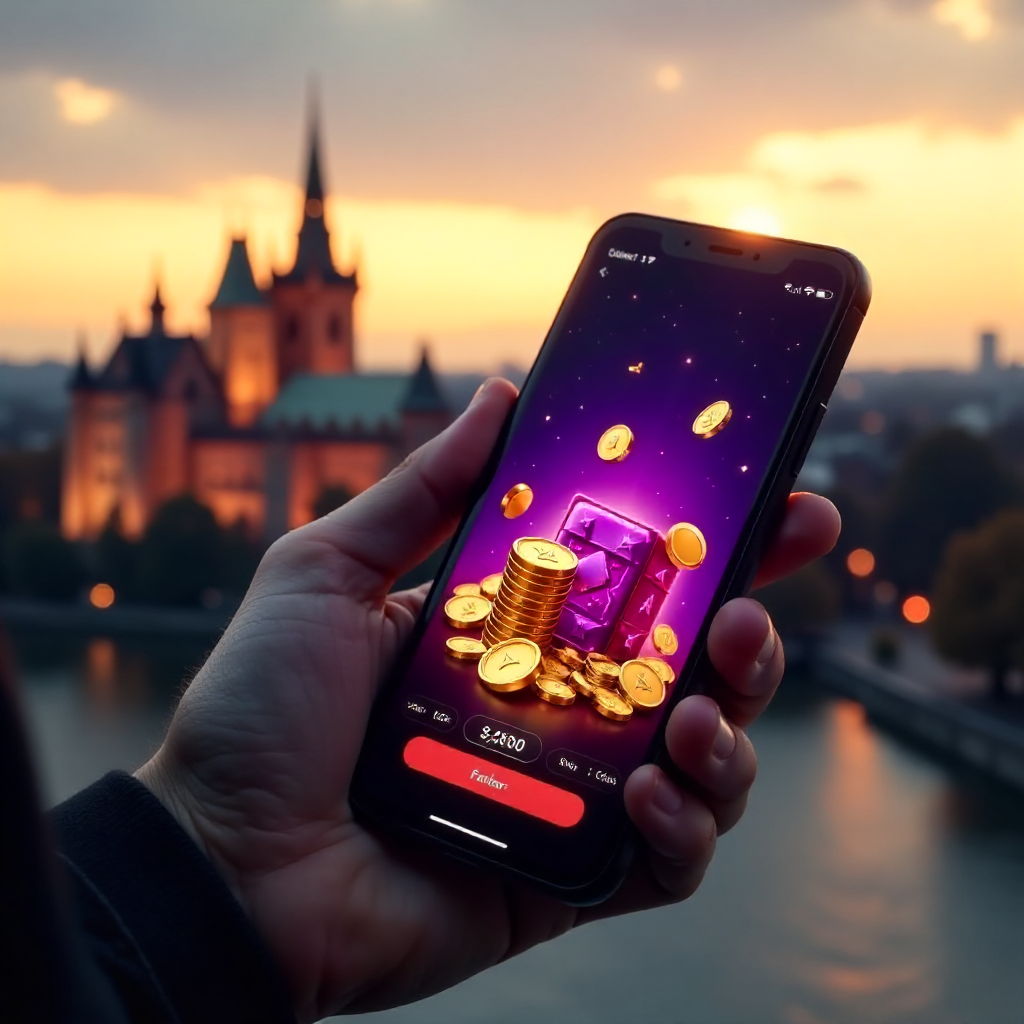 A hand holding a premium smartphone showing Vox Casino app, background featuring the Wawel Royal Castle in Krakow at golden hour, official brand neon purple and deep black colors, 3D golden coins and neon slot symbols flying out of the screen, hyper-reali